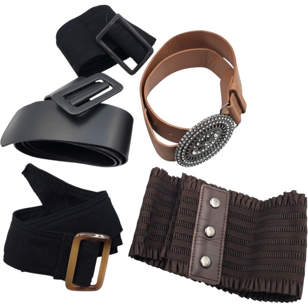 Womens Waist Belt Lot of 5 Cinch Elastic‎ Faux Leather Rhinestone Boho Black O9